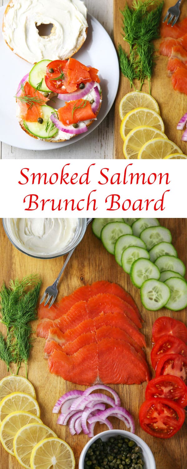 Up your Brunch Game with this Smoked Salmon Brunch Board! This is super easy to put together at the last minute and can feed a crowd! #salmon #smokedsalmon #brunch #breakfast #charcuterie #appetizer #partyideas