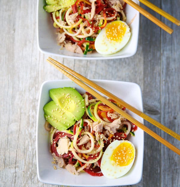 These Spiralized Zucchini Carrot and Tuna Asian Bowls are light, healthy, and oh so savory! This takes Asian Bowls to a whole new level!