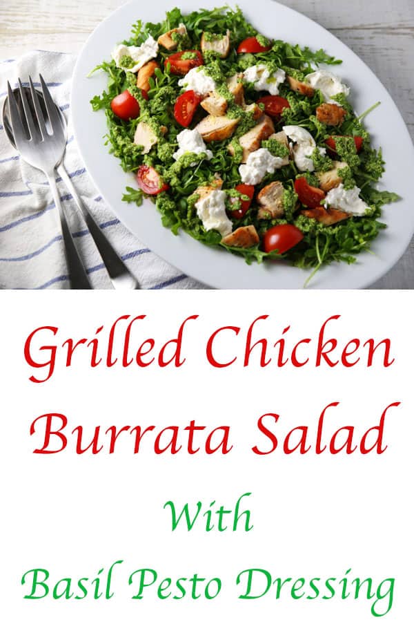 This Grilled Chicken Burrata Salad with Basil Pesto Dressing is loaded with flavor! Trust me, this will be your new favorite salad to enjoy year round! #keto #glutenfree #salad #burrata #healthyrecipes #grilling #chicken