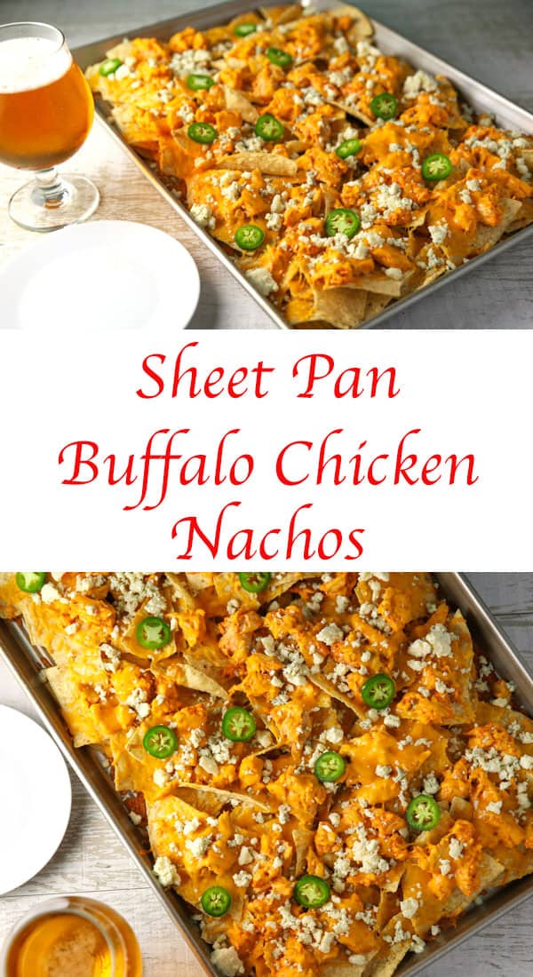 These Sheet Pan Buffalo Chicken Nachos are LOADED with flavor! They will definitely be a hit at your next party! #buffalochickennachos #buffalochicken #chicken #nachos #appetizer #appetizers #glutenfree #gameday