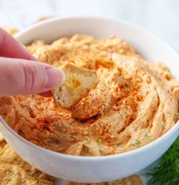 This Smoked Salmon Dip is super easy to make! It's so creamy, savory, and has the perfect amount of smoky flavor. It is sure to be a hit at your next party! #appetizer #appetizers #seafood #smokedsalmon #dip #partydip #salmon