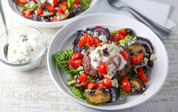 These Low Carb Burger Bowls with Blue Cheese Dressing are so tender, juicy, and filling! You honestly won't miss the bun or the carbs. #lowcarb #burger #grilling #burgerbowl #glutenfree #keto