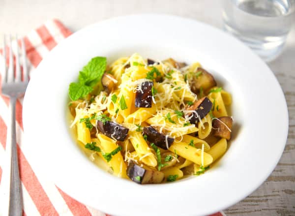 This Penne with Eggplant and Mint can be made in about 10 minutes and is bursting with so much flavor! #glutenfree #pasta #Italianfood #vegetarian