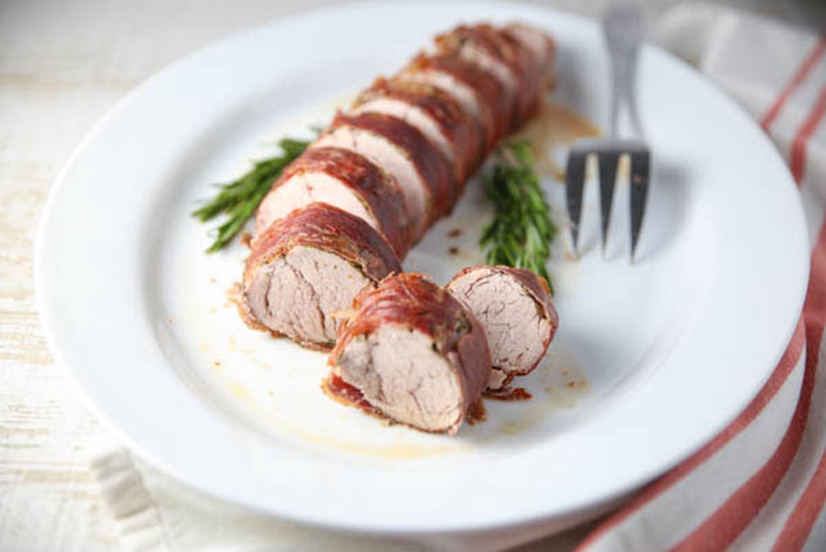 sliced prosciutto wrapped pork tenderloin