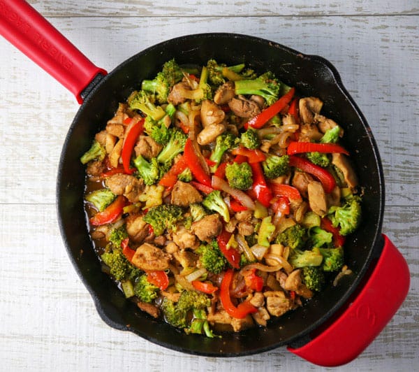 Chicken and Broccoli Stir Fry in a skillet
