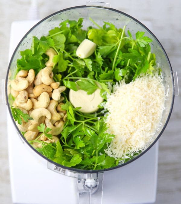 Lemon Pesto ingredients in a food processor