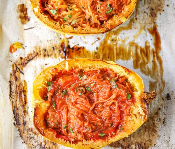 Spaghetti Squash with pizza sauce mixed in