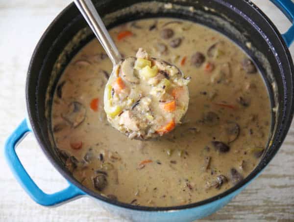 Creamy Chicken and Wild Rice Soup in a dutch oven