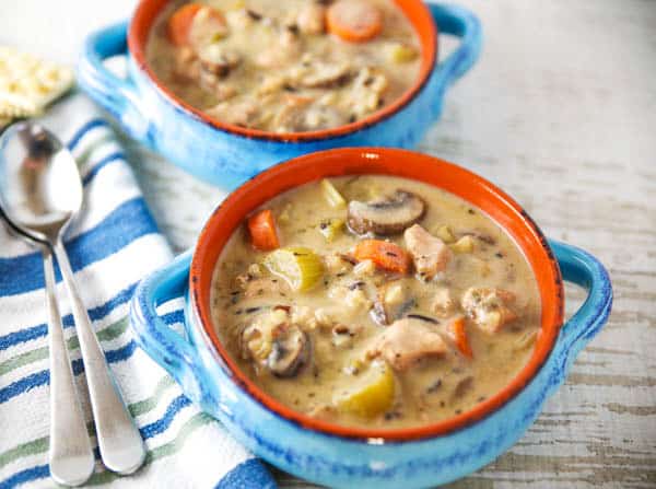 Creamy Chicken and Wild Rice Soup in bowls