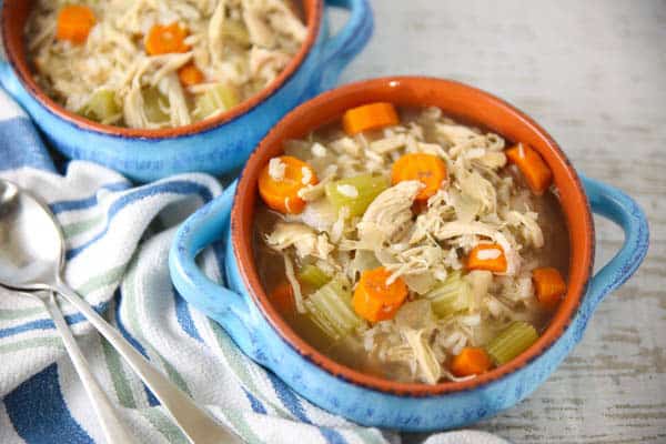 Slow Cooker Chicken and Rice Soup with Lemon in a bowl