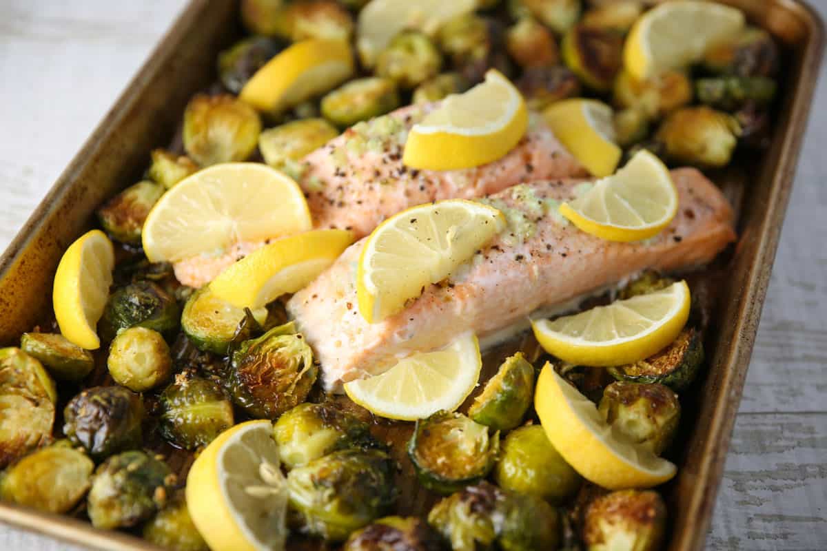 garlic lemon salmon with Brussels sprouts on a sheet pan