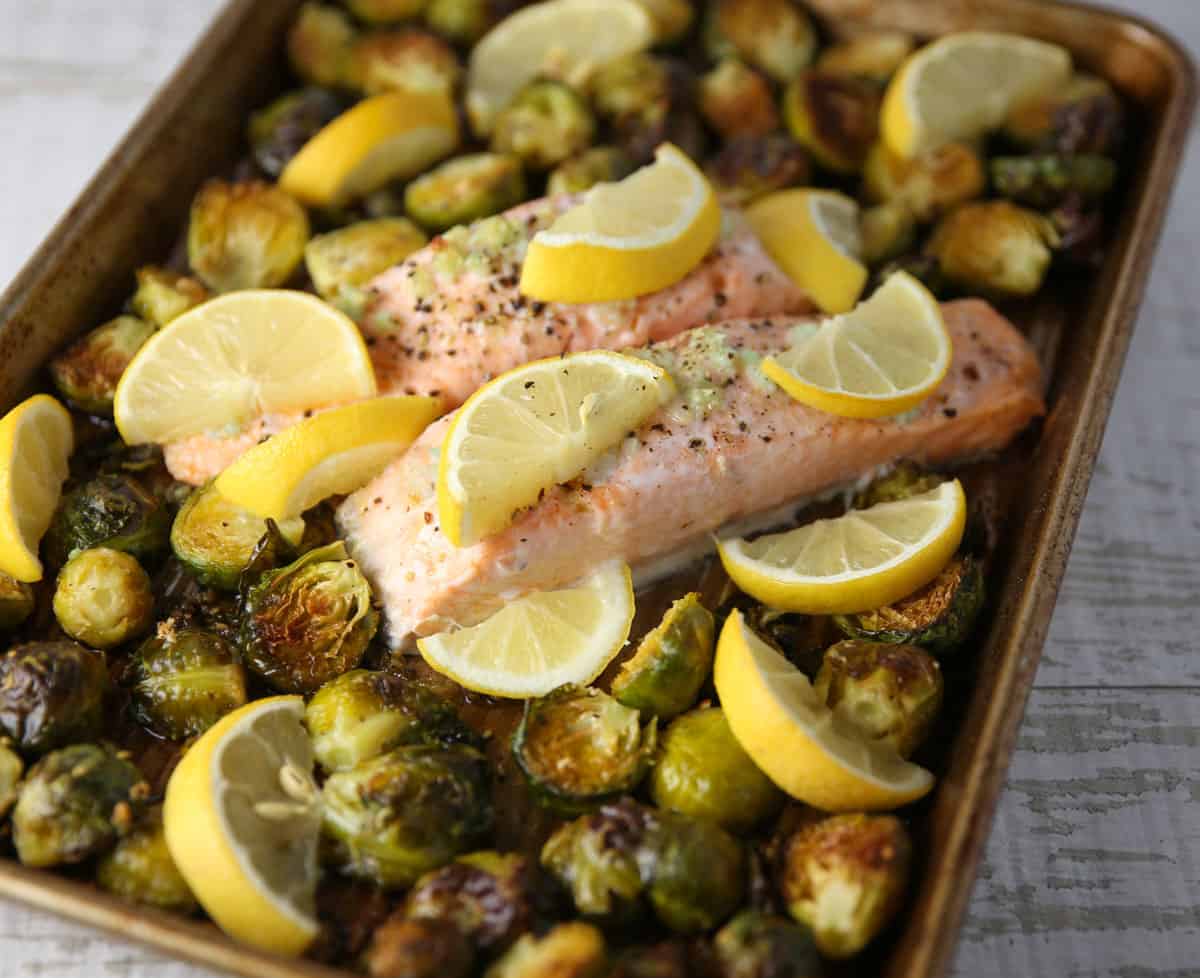 garlic lemon salmon with Brussels sprouts