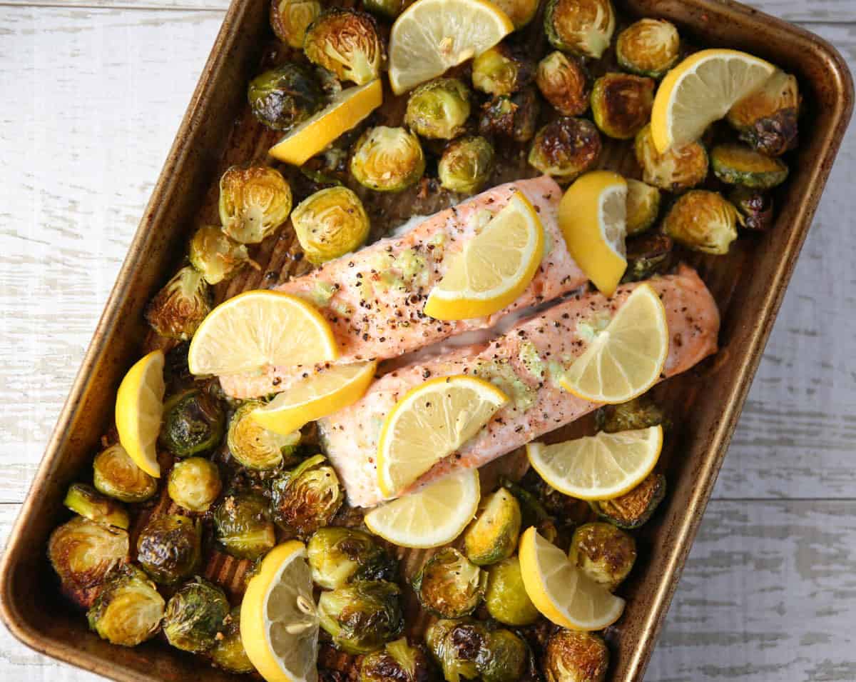 garlic lemon salmon with Brussels sprouts on a sheet pan