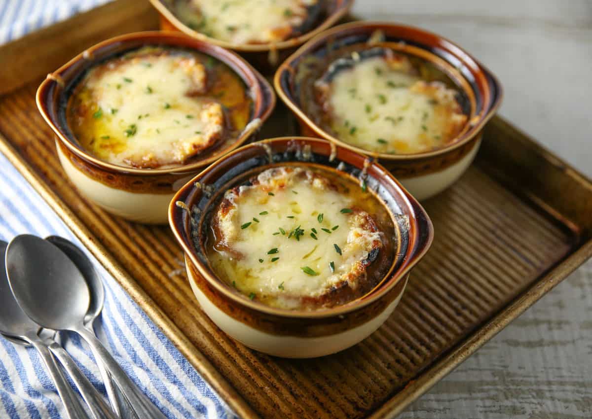 gluten free French onion soup in bowls