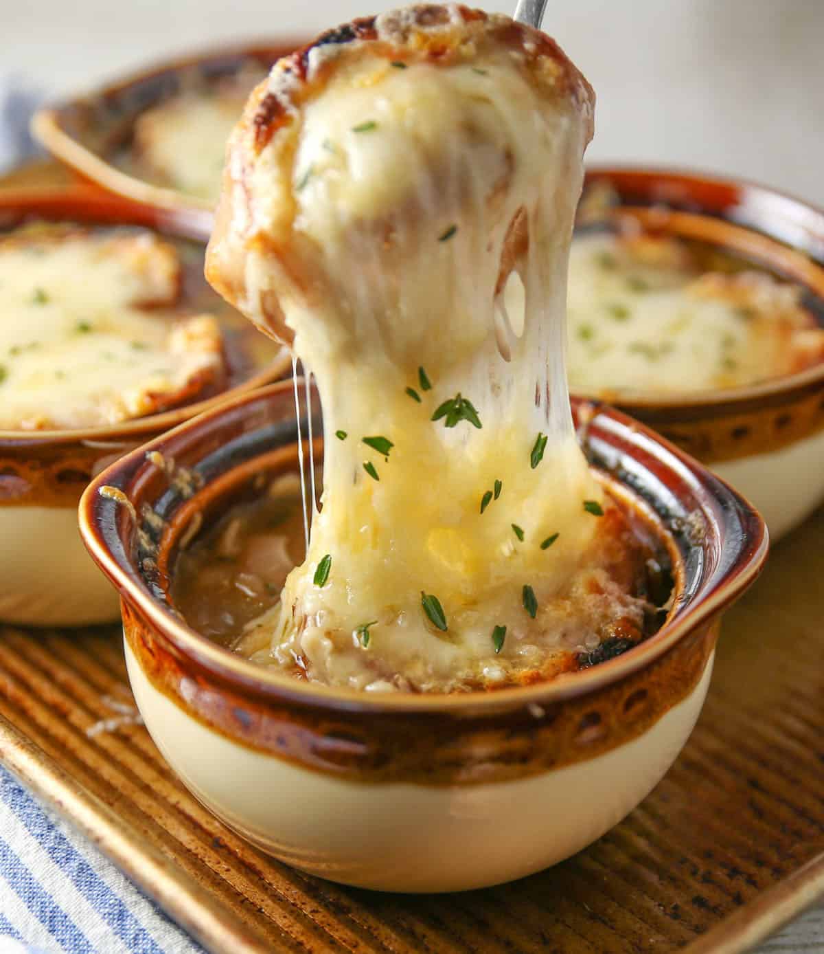 melted cheese in French onion soup