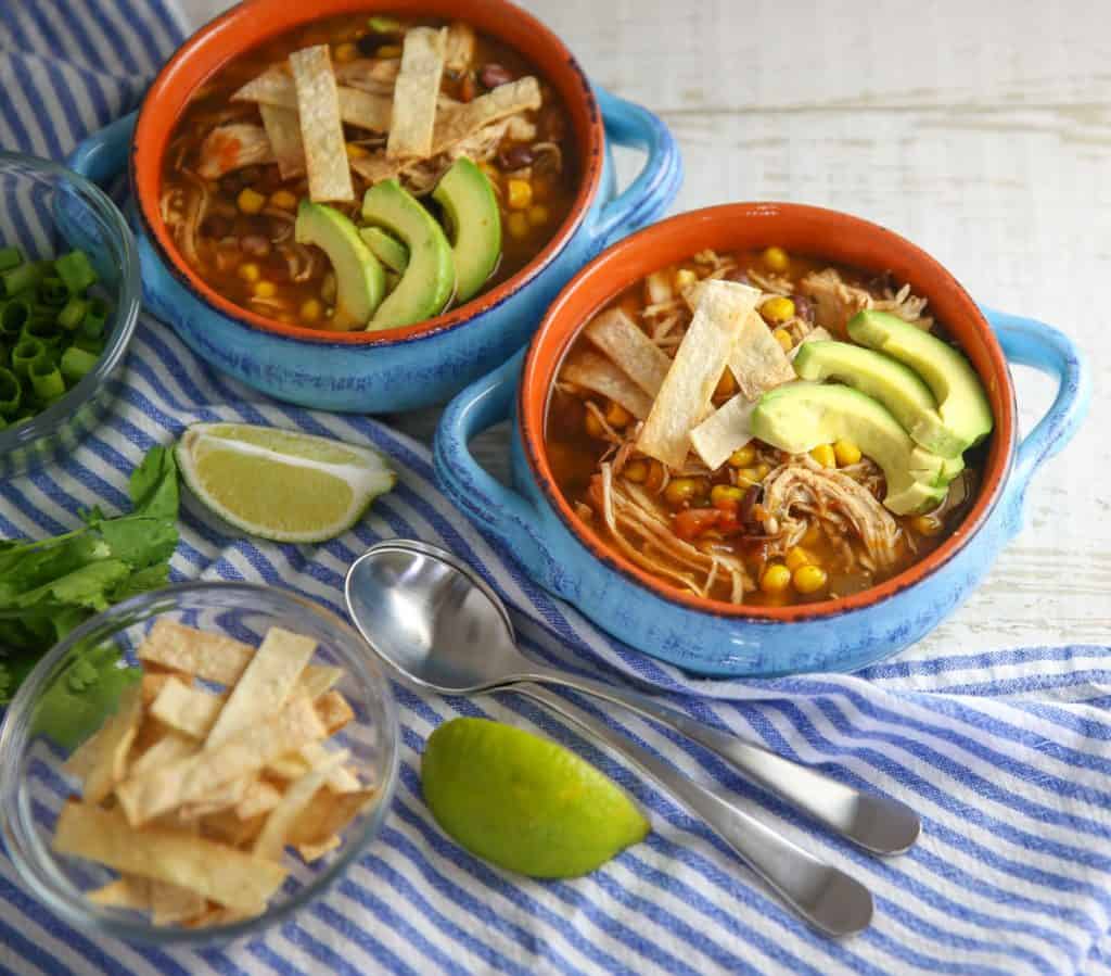 slow cooker chicken tortilla soup in bowls