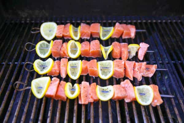 Lemon Salmon Skewers on the grill