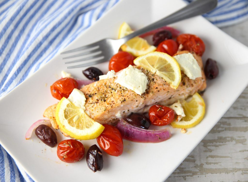 Greek sheet pan salmon dinner