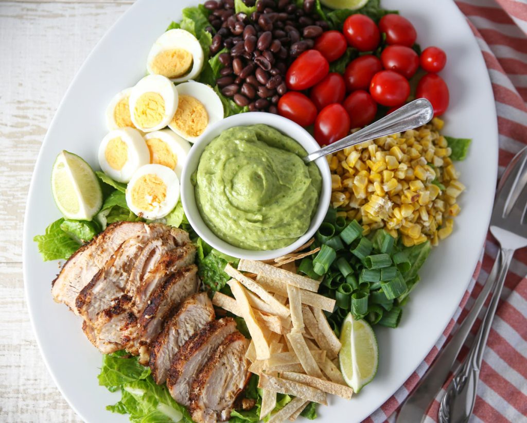 Mexican grilled chicken Cobb Salad on a platter