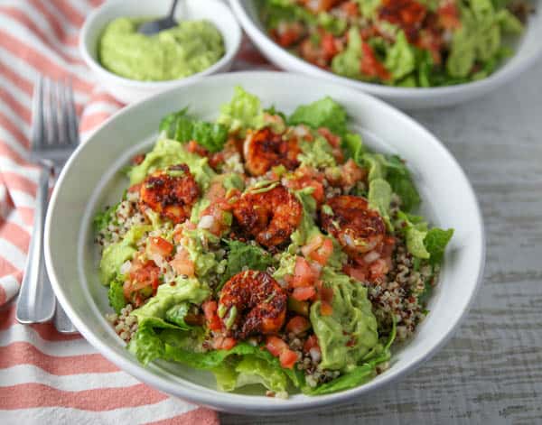 Blackened Shrimp Quinoa Salad with Avocado Cilantro Dressing