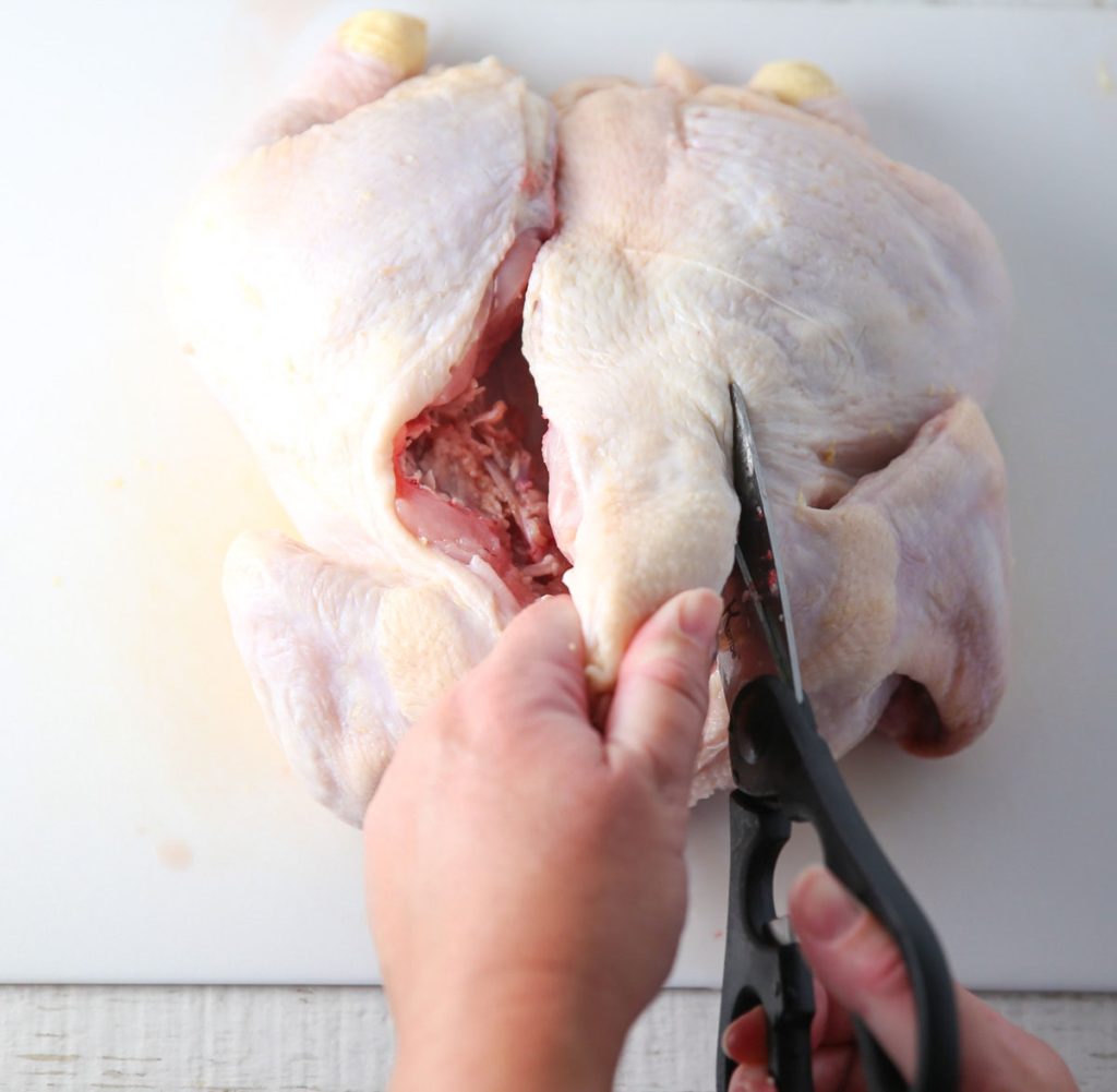 cutting the backbone out of the chicken