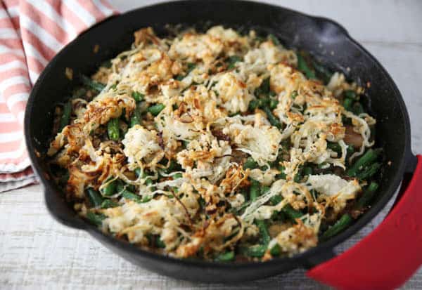 Dairy Free Green Bean Casserole in a skillet