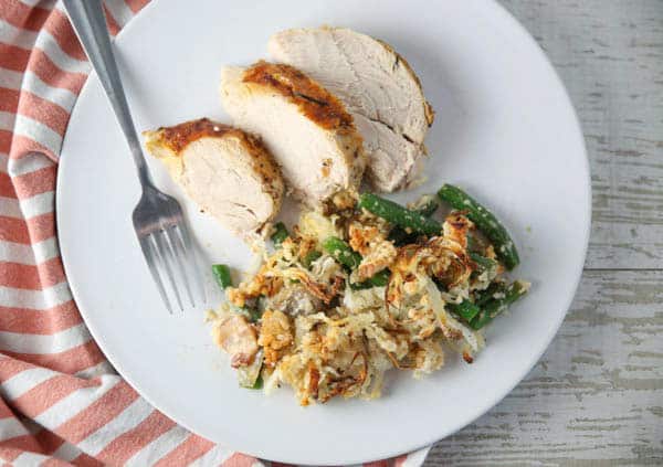 Green Bean Casserole on a plate with turkey