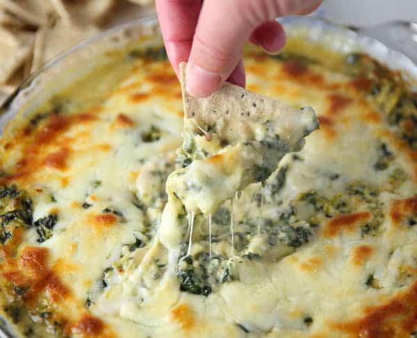 Hot Chipotle Spinach Artichoke Dip with chips