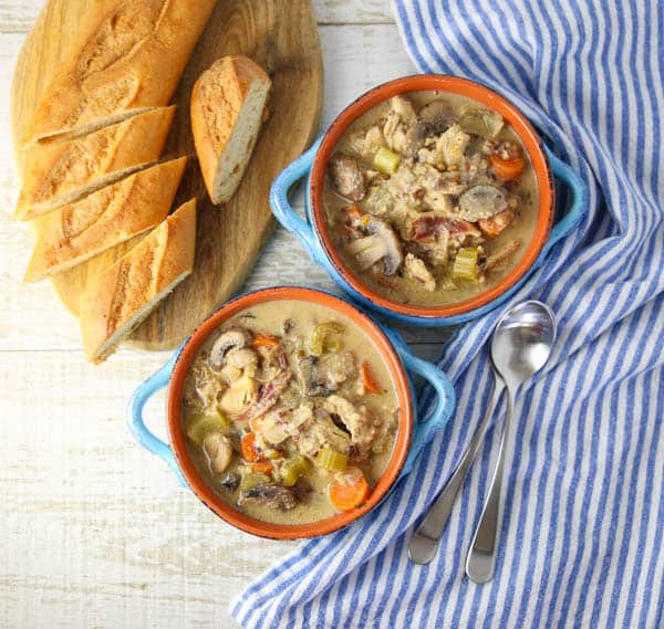 Turkey Wild Rice Soup with sliced baguette