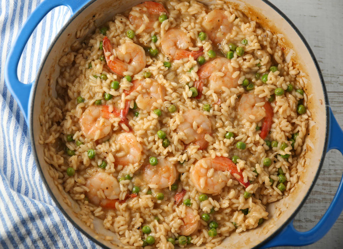 Shrimp Risotto with Peas in a pot