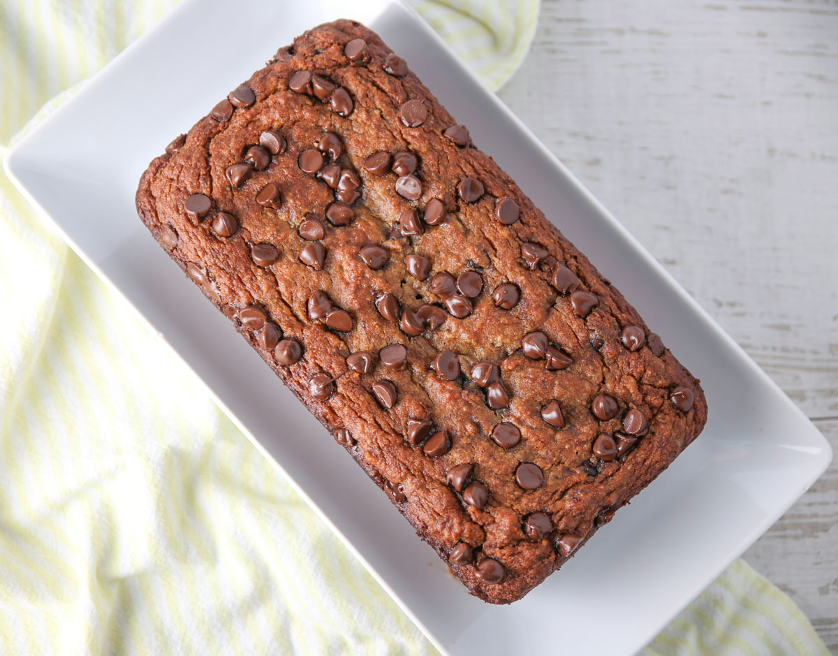 gluten free chocolate chip banana bread on a plate