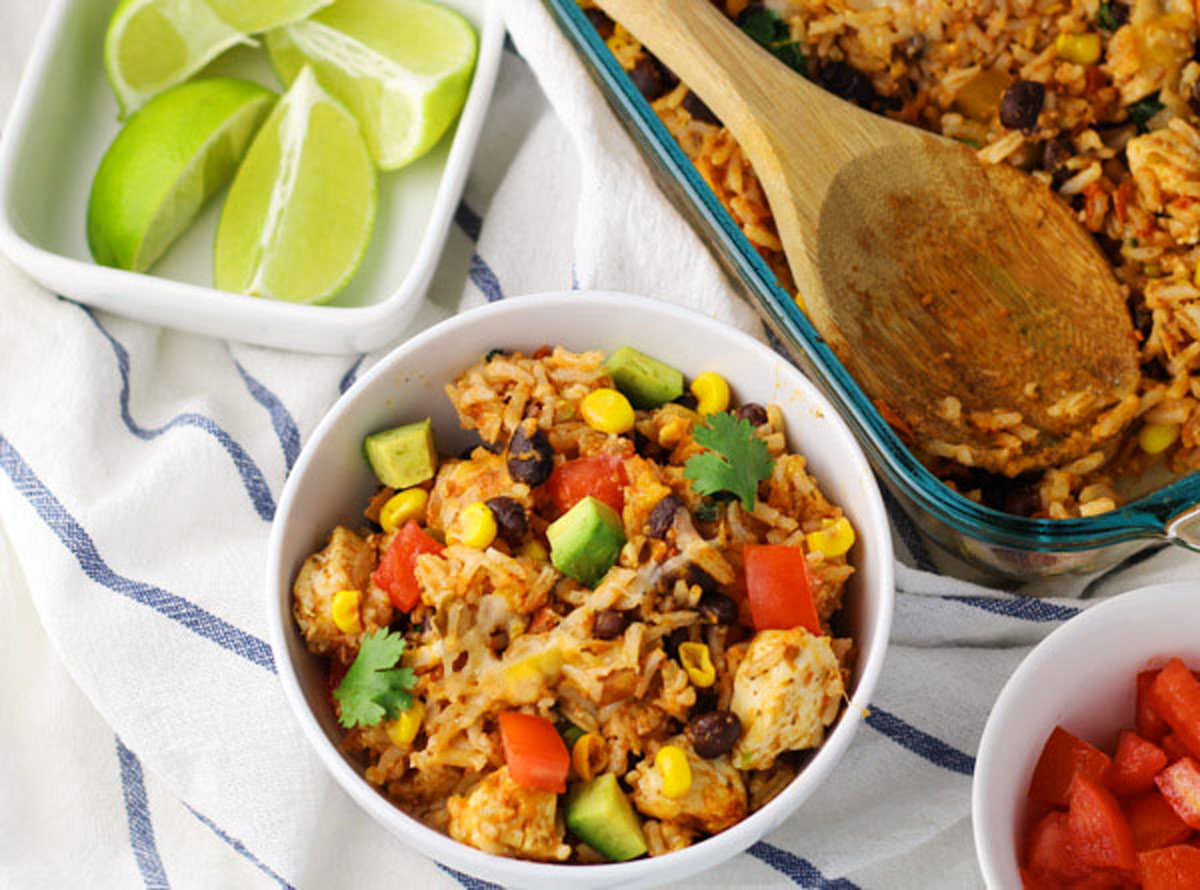 mexican chicken and rice casserole in a bowl