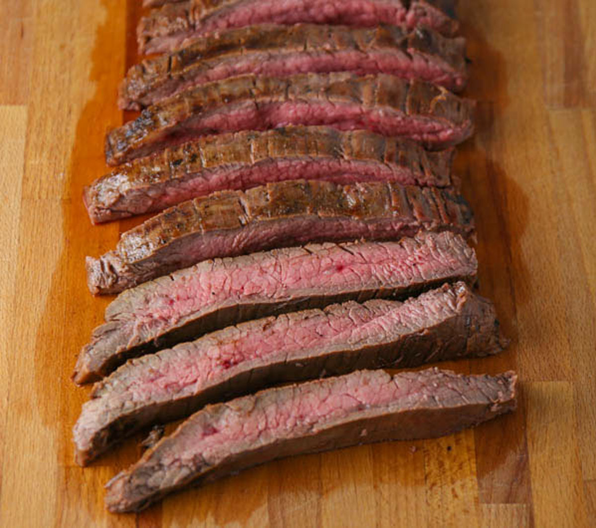 Flank Steak sliced on a cutting board