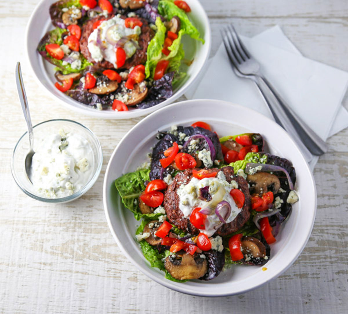 Low Carb Burger Bowls with Blue Cheese Dressing