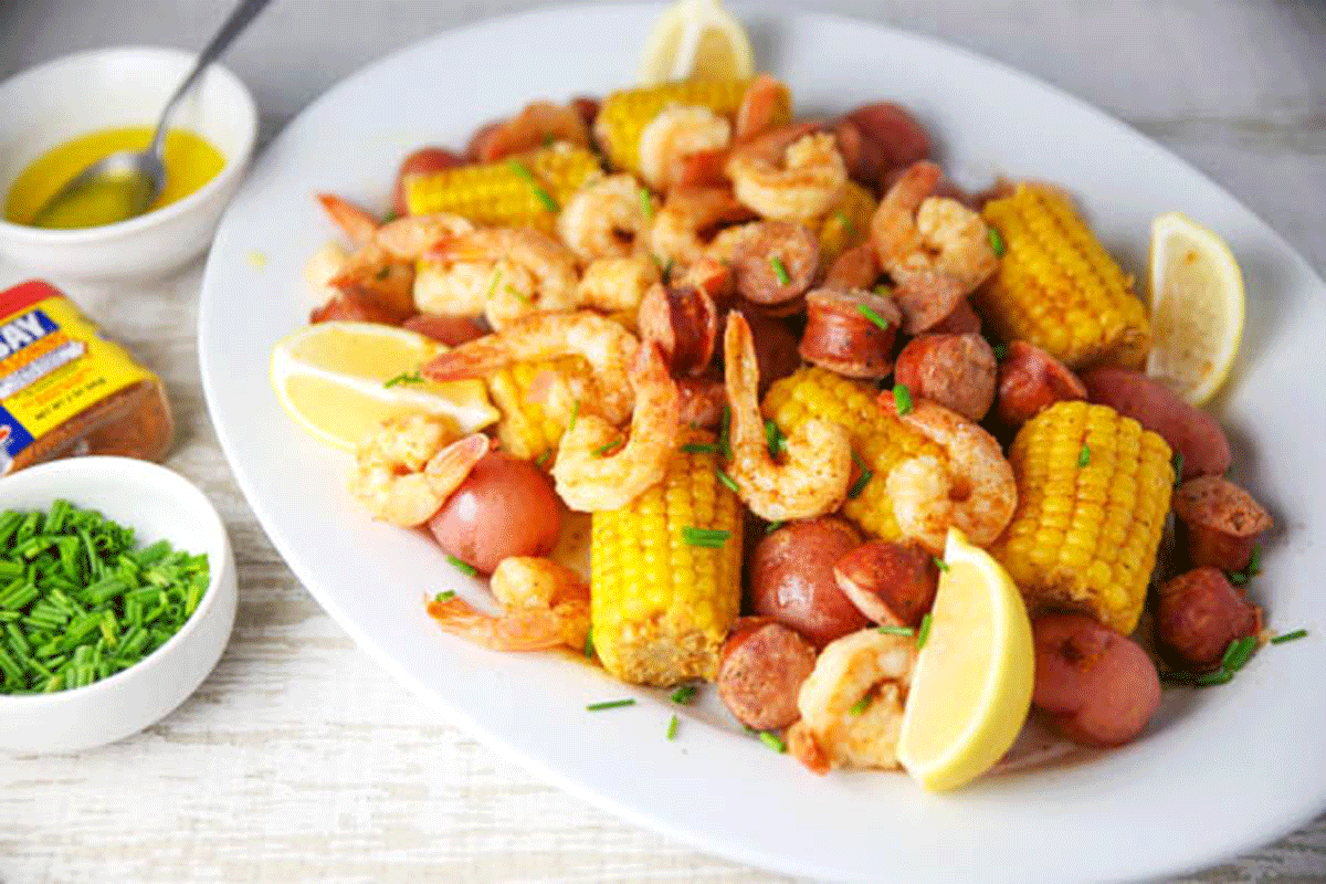 Instant Pot shrimp boil on a platter