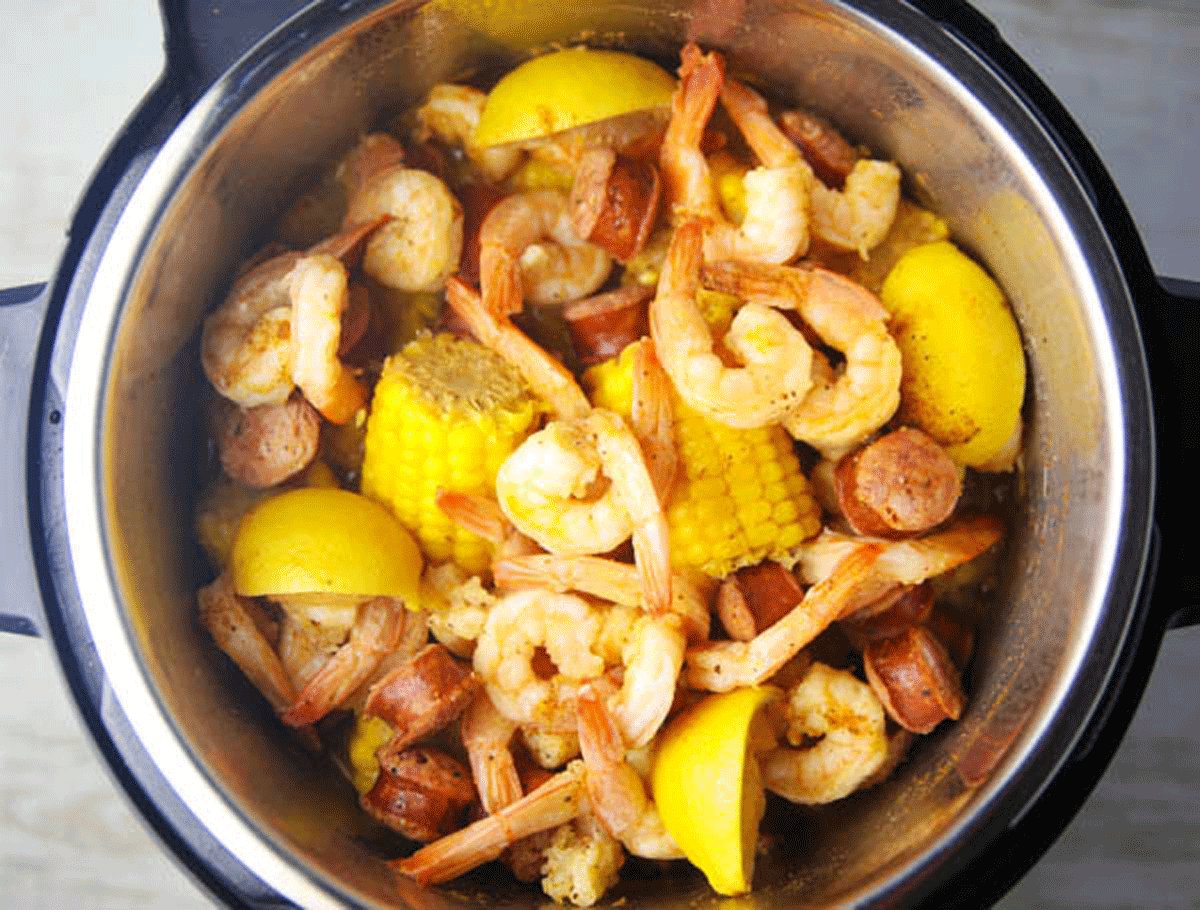 shrimp boil ingredients in an Instant Pot